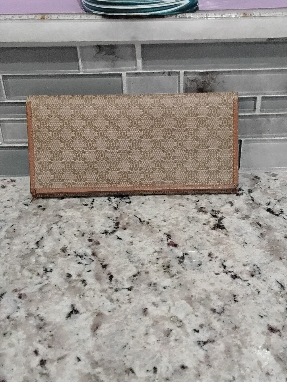 Celine Beige Triomphe Canvas Long Wallet with Tan Trim